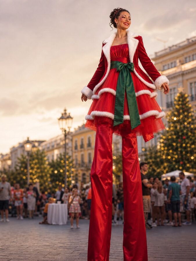 Artista em andas com figurino vermelho de Natal